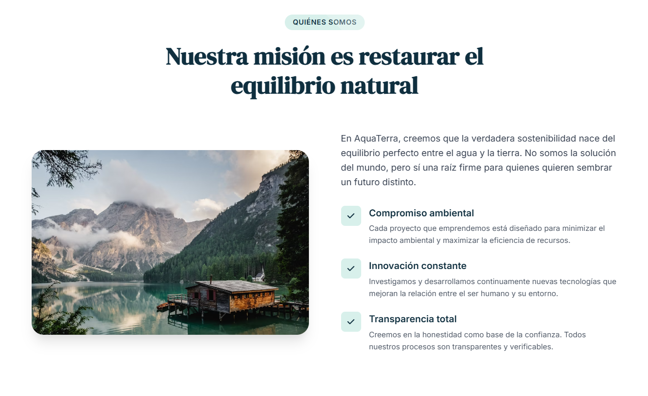 Sección de servicios sostenibles con diseño claro y estructura amigable